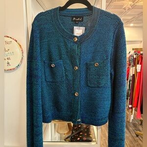 Marled shimmer blue knit cardigan with gold buttons size M